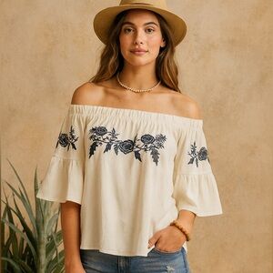 Altar’d State Noelle Linen Ivory Off The Shoulder Floral Whimsy Fairy Blouse Med